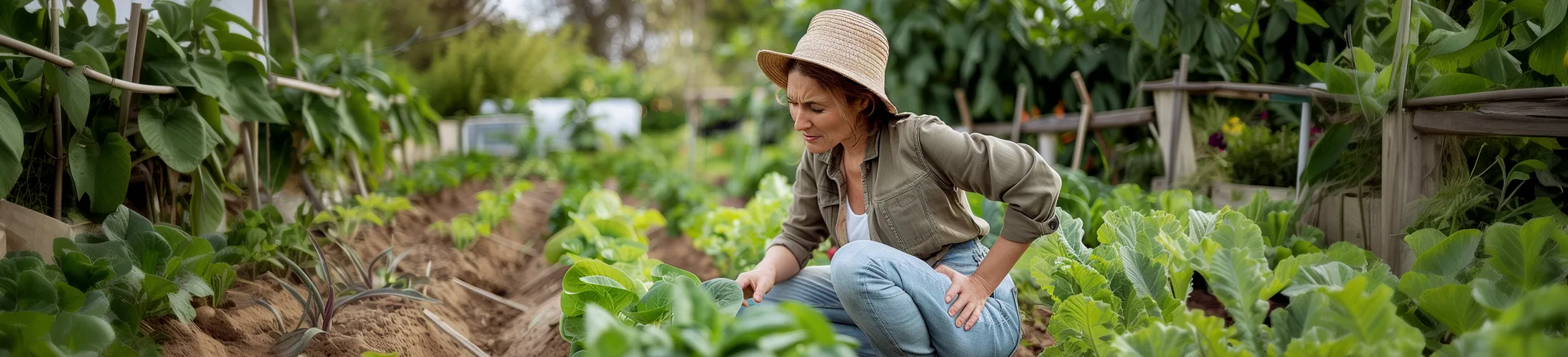 Schmerzen in der Hüfte, Frau bei Gartenarbeit fasst sich an Hüfte, Ursache häufig Arthrose