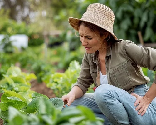 Schmerzen in der Hüfte, Frau bei Gartenarbeit fasst sich an Hüfte, Ursache häufig Arthrose