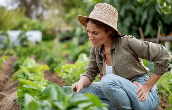 Schmerzen in der Hüfte, Frau bei Gartenarbeit fasst sich an Hüfte, Ursache häufig Arthrose
