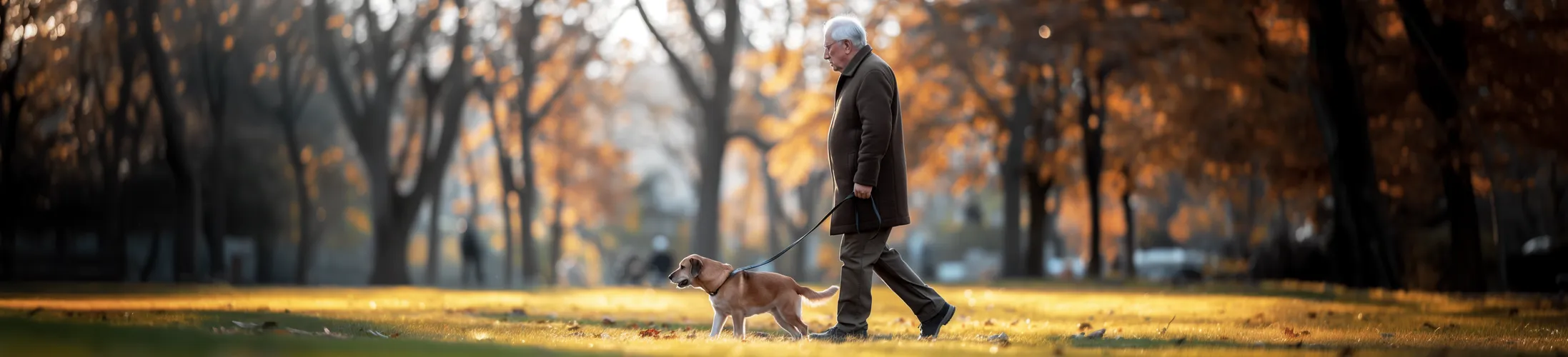 Alter Mann mit Inkontinenz, Spaziergang mit Hund im Park, Herbst