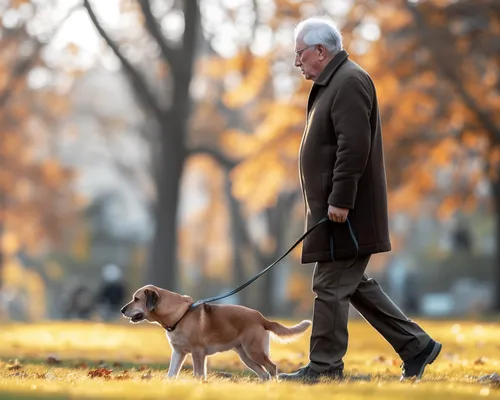 Alter Mann mit Inkontinenz, Spaziergang mit Hund im Park, Herbst