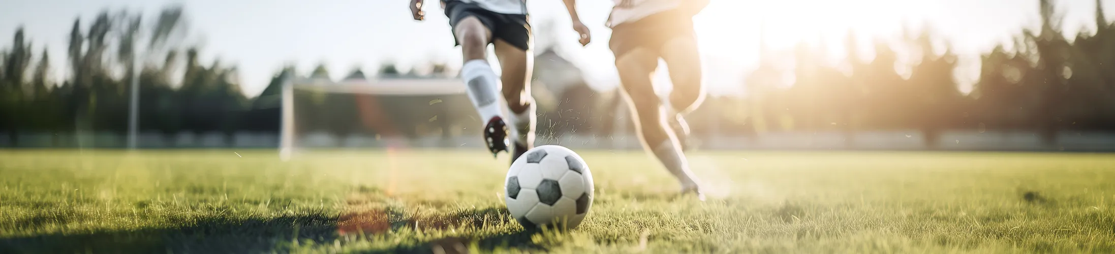 zwei Personen spielen Fußball, Sprunggelenk gebrochen, Wiese, Tor