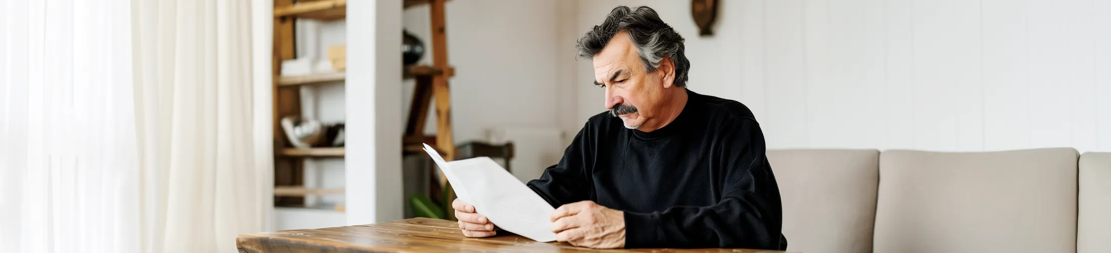 Mann mit Schnurrbart im Rollstuhl schaut sich Rechnung an, sitzt am Tisch im Wohnzimmer