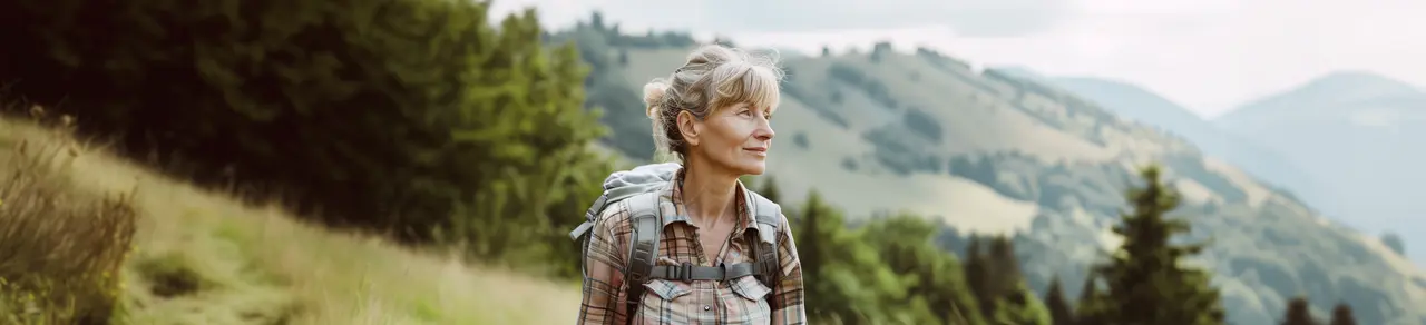 Frau mit Kolostoma beim Wandern in den Bergen, Wiese im Hintergrund