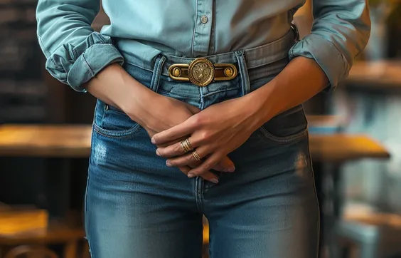 Inkontinenz der Frau, Frau in Café hält sich beide Hände an die Blase wegen plötzlichem Harndrang