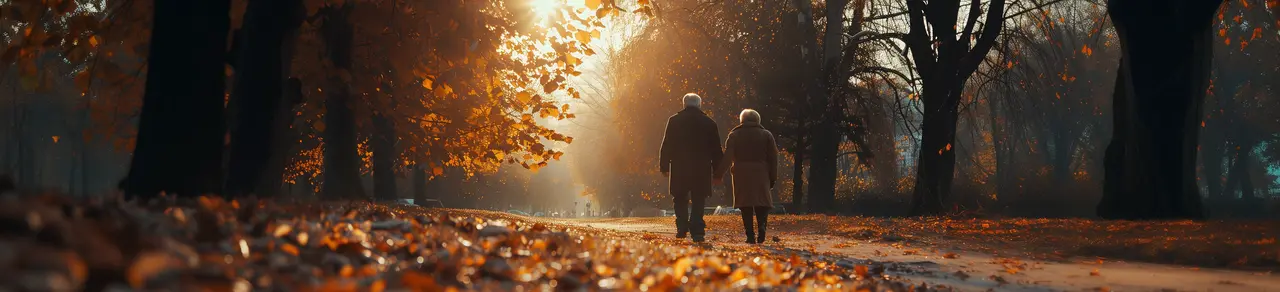 Demenz, häufig mit Inkontinenz verbunden, älteres Paar spaziert durch Herbstwald, Frau stütz Mann