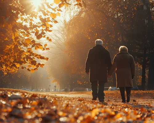 Demenz, häufig mit Inkontinenz verbunden, älteres Paar spaziert durch Herbstwald, Frau stütz Mann