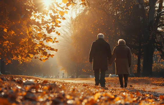 Demenz, häufig mit Inkontinenz verbunden, älteres Paar spaziert durch Herbstwald, Frau stütz Mann