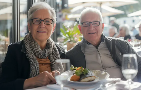 Rheuma, älteres Paar isst zusammen, ausgewogene Ernährung wichtig in der Rheumabehandlung