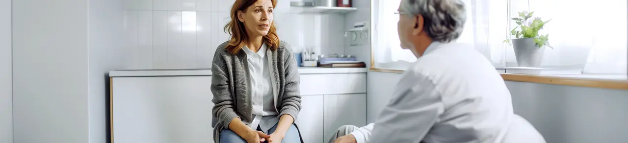 Patienten spricht mit Arzt über Mammographie, Patientenzimmer, Fenster, guckt betroffen