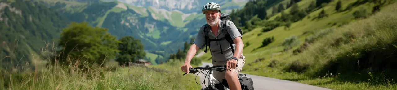 Inkontinenz beim Mann, Mann fährt in bergiger Landschaft Fahrrad, ein Inkobeutel ist am Bein befestigt