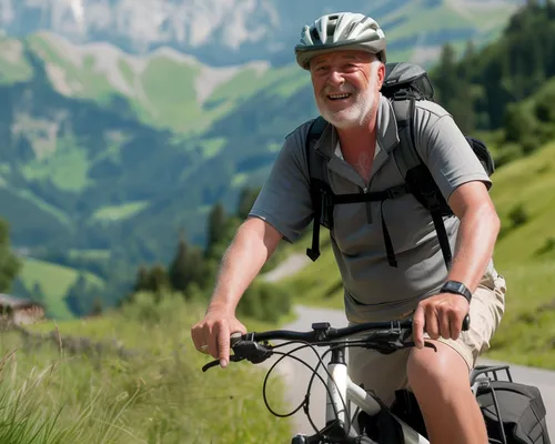 Inkontinenz beim Mann, Mann fährt in bergiger Landschaft Fahrrad, ein Inkobeutel ist am Bein befestigt