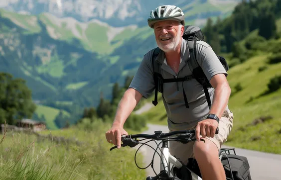 Inkontinenz beim Mann, Mann fährt in bergiger Landschaft Fahrrad, ein Inkobeutel ist am Bein befestigt