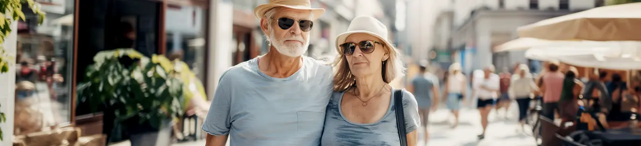 Mann mit Stoma im Urlaub, Mann hält seine Frau im Arm, laufen gemeinsam durch die Stadt im Sommer