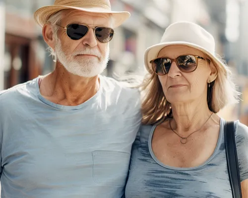 Mann mit Stoma im Urlaub, Mann hält seine Frau im Arm, laufen gemeinsam durch die Stadt im Sommer