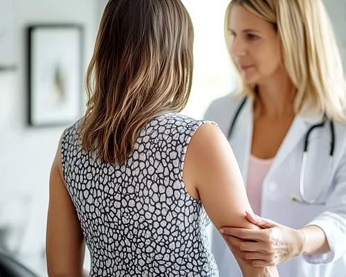 Brustkrebs Heilungschancen, Frau im Arztgespräch, Vorsorge, frühe Diagnose, Kontrolluntersuchungen