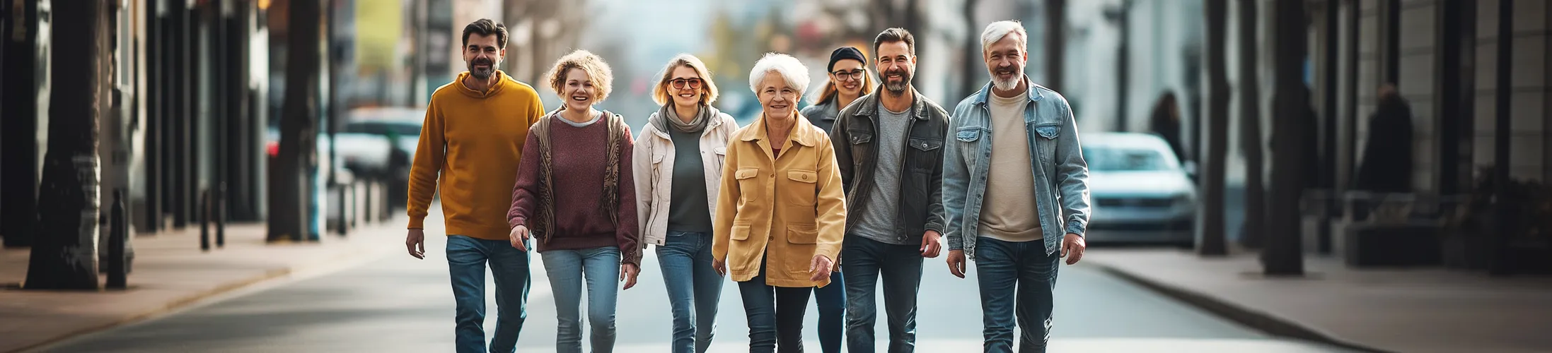Endständiges Stoma, lächelnde Menschen unterschiedlichen Alters auf Straße, künstlicher Darmausgang, moderne Hilfsmittel