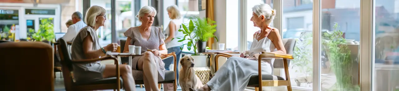 ältere Frauen mit Besenreiser sitzen zusammen, trinken Kaffee, Hund, Fenster, Pflanzen