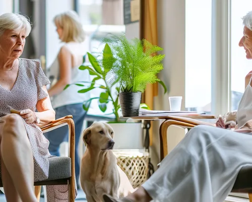 ältere Frauen mit Besenreiser sitzen zusammen, trinken Kaffee, Hund, Fenster, Pflanzen