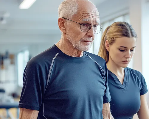 Gangunsicherheit, Patient macht Übungen zusammen mit Physiotherapeutin, Balance trainieren
