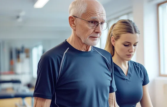 Gangunsicherheit, Patient macht Übungen zusammen mit Physiotherapeutin, Balance trainieren