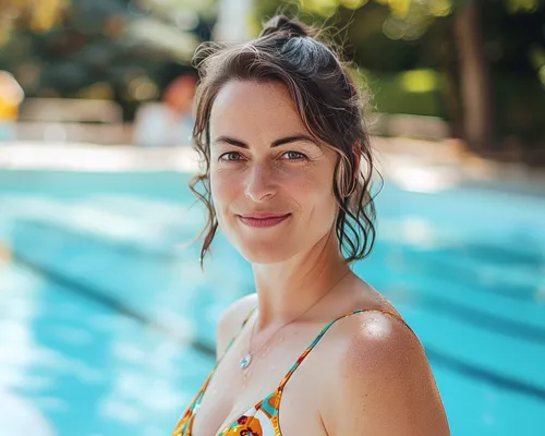 junge Frau mit Brustkrebs steht im Freibad, trägt Badeanzug, lächelt, braune Haare, Pool im Hintergrund