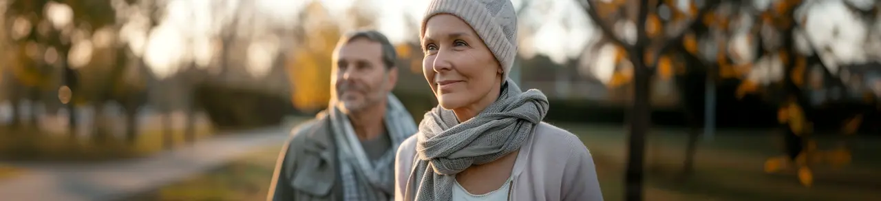 Frau während Chemotherapie wegen Brustkrebs-Behandlung, spazieren im Park mit Mann