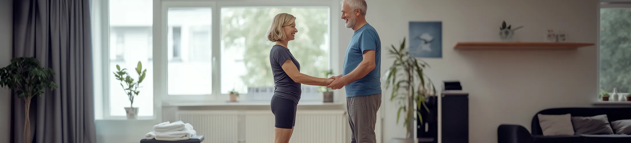 Gleichgewichtsstörungen, Frau macht angeleitete Körperübungen, Physiotherapeut