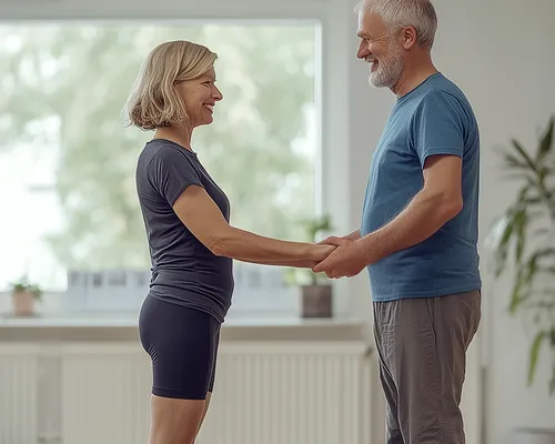 Gleichgewichtsstörungen, Frau macht angeleitete Körperübungen, Physiotherapeut