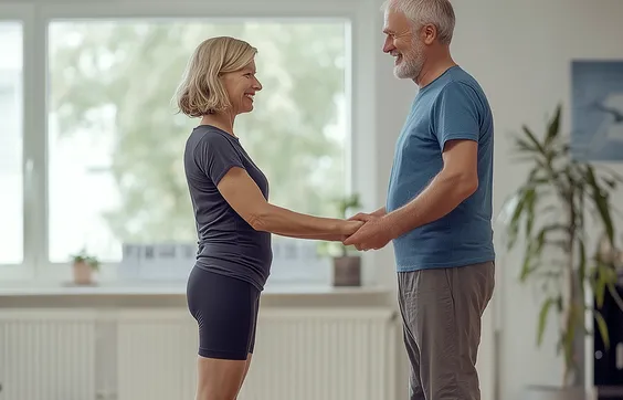 Gleichgewichtsstörungen, Frau macht angeleitete Körperübungen, Physiotherapeut