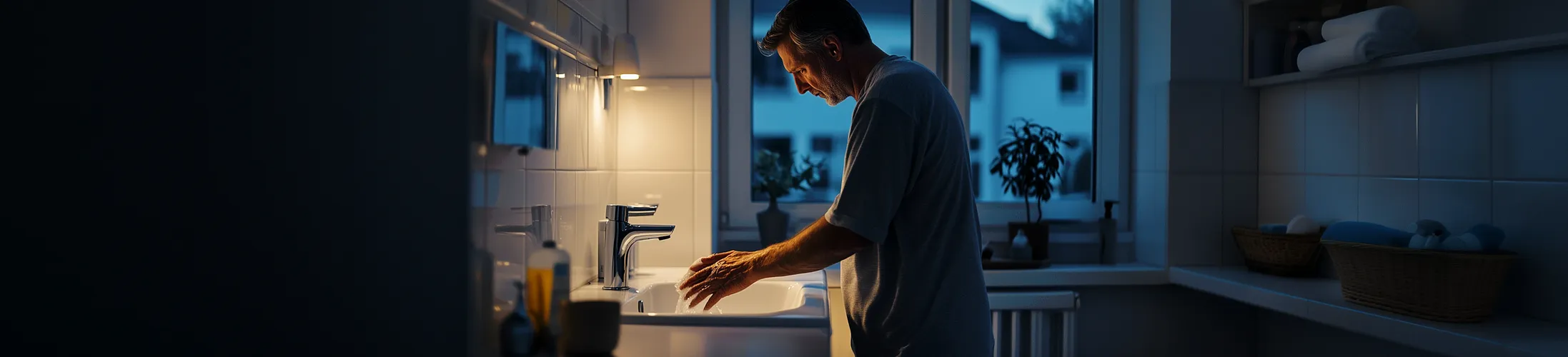 Mann mit nächtlichem Harndrang wäscht sich nachts die Hände im Badezimmer