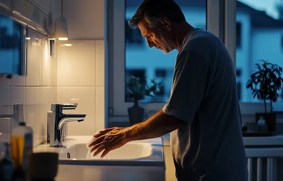 Mann mit nächtlichem Harndrang wäscht sich nachts die Hände im Badezimmer