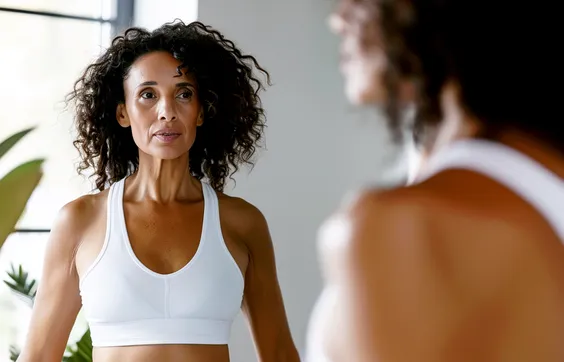 Frau schaut sich im Spiegel an, schaut sich Brust und Bauch an, trägt weißen Sport-BH, braune lockige Haare