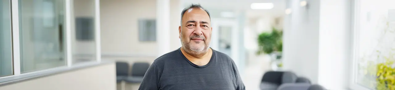 fülliger Mann ist für Liposuktion im Krankenhaus, Krankenhausflur im Hintergrund