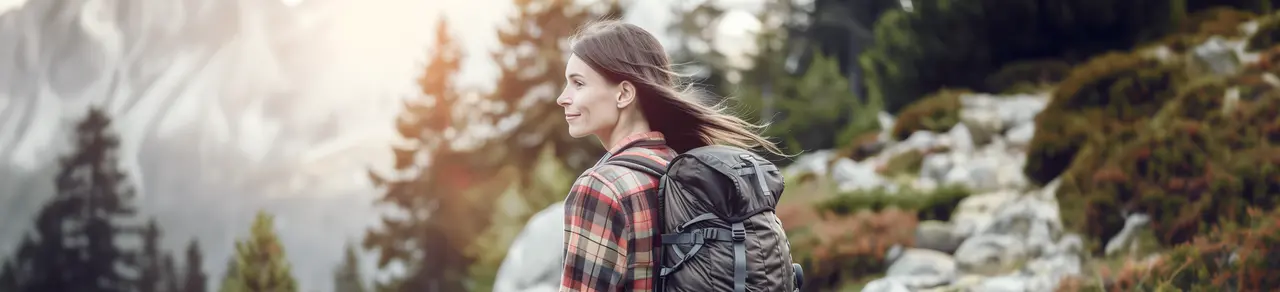 Frau mit Kolostoma beim Wandern in den Bergen