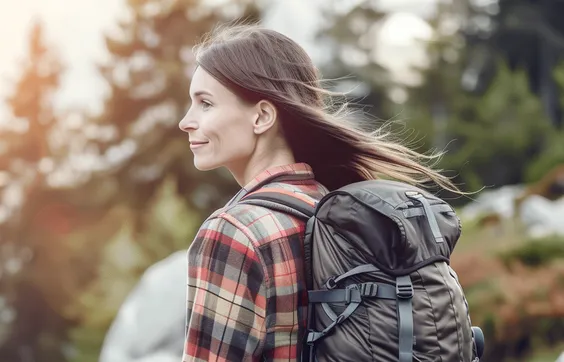 Frau mit Kolostoma beim Wandern in den Bergen