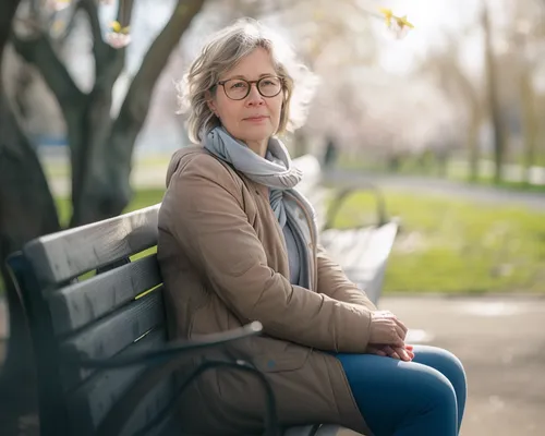 Urgeinkontinenz, Frau sitzt entspannt auf einer Bank im Park