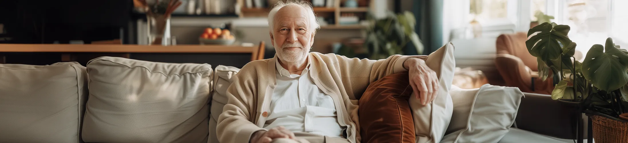 Inkontinenz beim Mann, älterer Mann sitzt entspannt auf Sofa, Sonografie beim Mann zur Bestimmung der Blasenentleerung