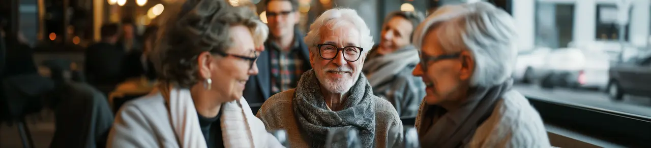 Inkontinenz in den Wechseljahren, lachende ältere Menschen in einer Bar, mithilfe von Hilfsmitteln Einsamkeit und Depressionen vermeiden
