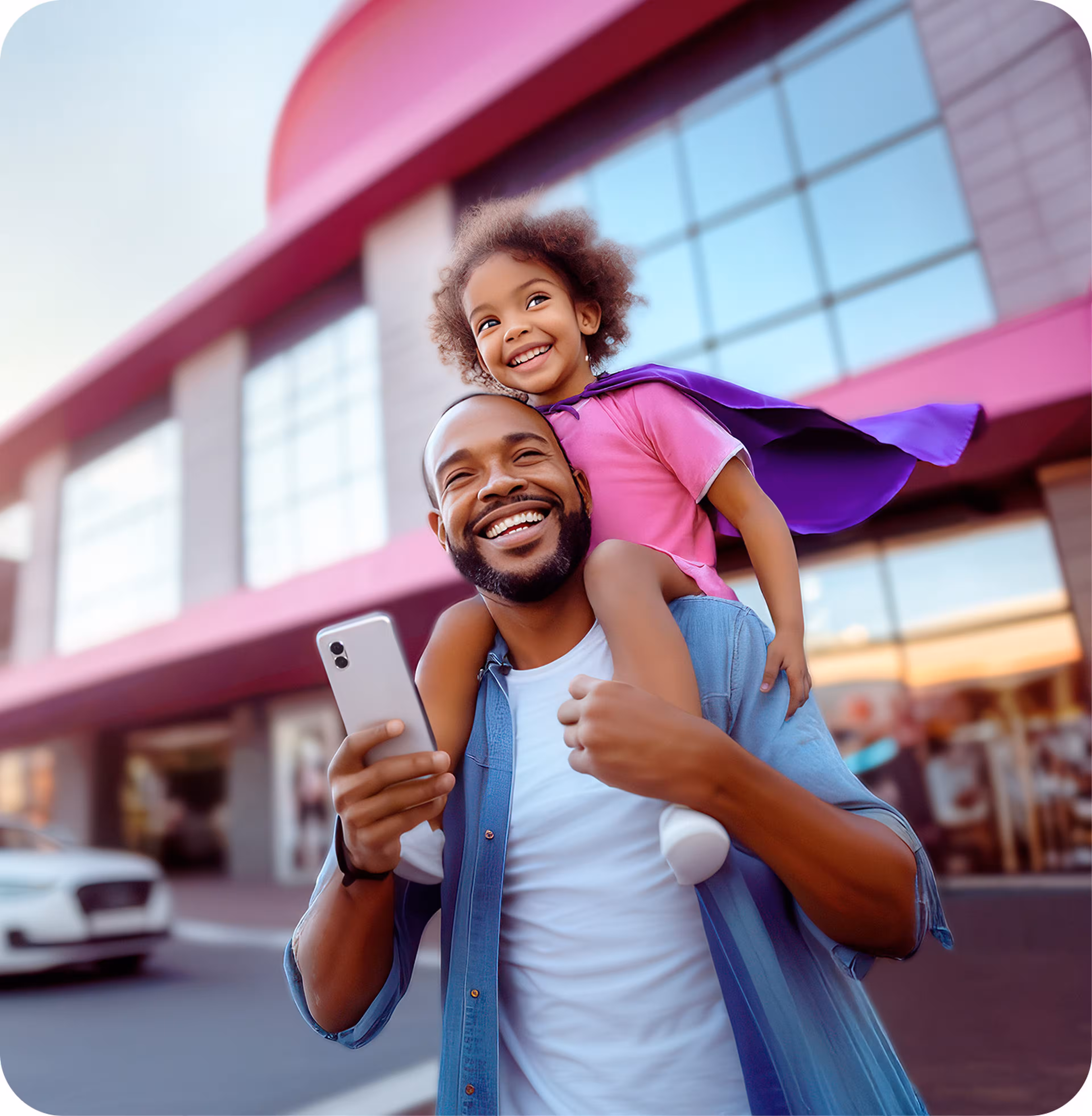 Smiling man carrying a joyful child wearing a purple cape on his shoulders, standing in front of a modern building.