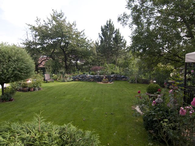 Ein gepflegter Garten mit einer großen Rasenfläche, umgeben von verschiedenen Bäumen und Sträuchern. Im Hintergrund ist eine niedrige Steinmauer mit dekorativen Pflanzen und Blumen zu sehen. Rechts im Bild befindet sich ein überdachter Sitzbereich mit einem Pavillon und blühenden Rosen. Links stehen eine Gartenbank und ein Liegestuhl neben einem kleinen Baum und Blumentöpfen. Der Garten vermittelt eine ruhige und idyllische Atmosphäre, ideal für Entspannung im Freien.
