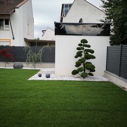 Moderner Garten mit grünem Rasen, gepflegten Zierpflanzen und weißen Kiesbeeten, umgeben von einem grauen Sichtschutzzaun.