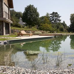 Ein natürlicher Schwimmteich, der Ruhe und Weite ausstrahlt.