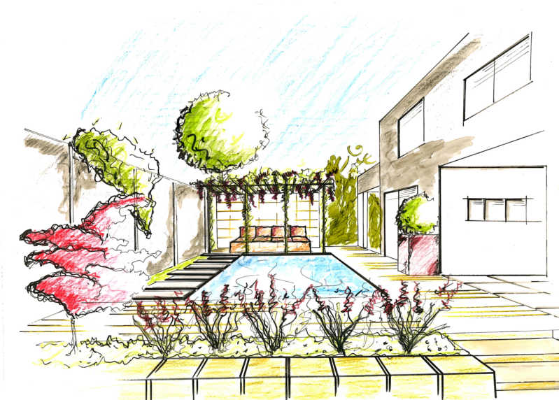 Perspektivische Gartenzeichnung mit Terrasse, Bepflanzung und Wasserfläche.