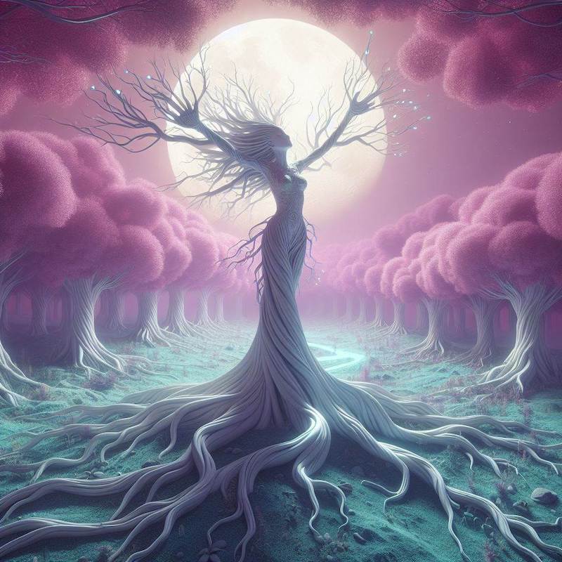Surreal tree-woman with flowing branches stands under a full moon in a mystical forest of pink-hued trees.