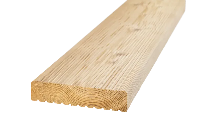 Terrassendiele mit gerillter Oberfläche aus sibirischer Lärche mit natürlicher Holzmaserung und hellem Holzton – langlebig, witterungsbeständig und hochwertig.