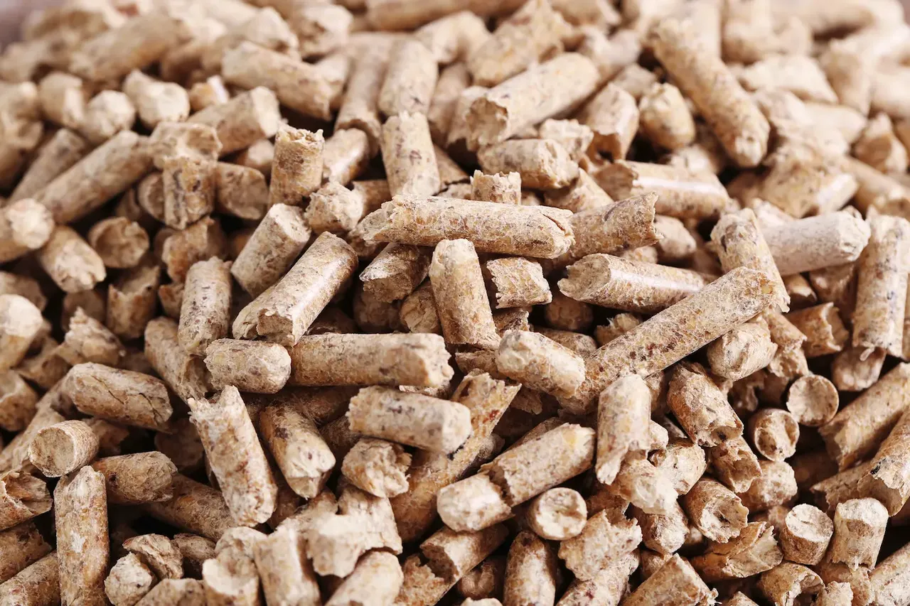 Nahaufnahme einer großen Menge heller Holzpellets, dicht übereinander geschichtet.