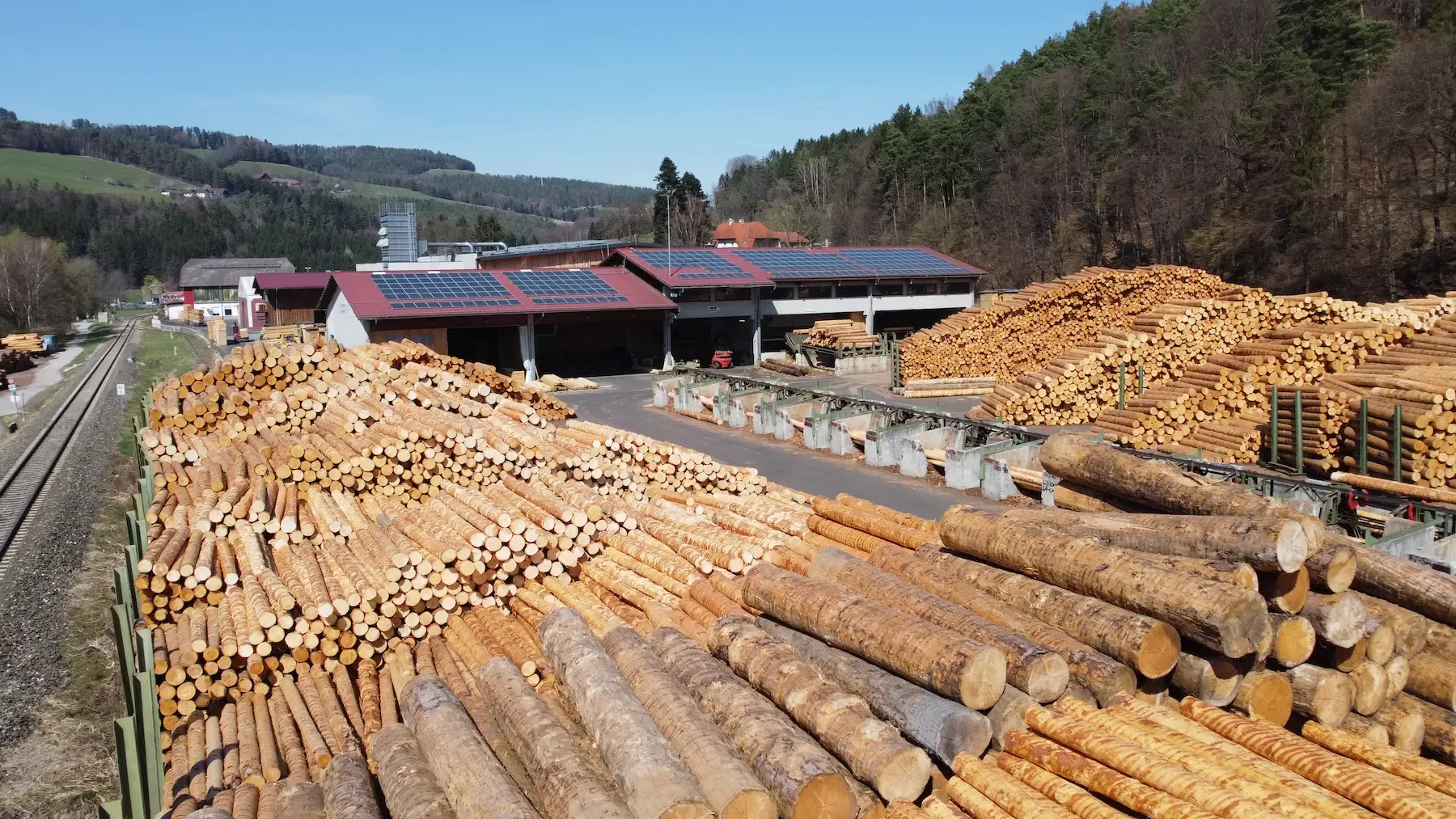 Rundholzlagerplatz bei Holzhof Schmidt in Aspang (NÖ) PEFC-zertifiziertes Rundholz liegt in großen Stapeln sortiert in Qualität, Stärke und Länge am Rundholzplatz.