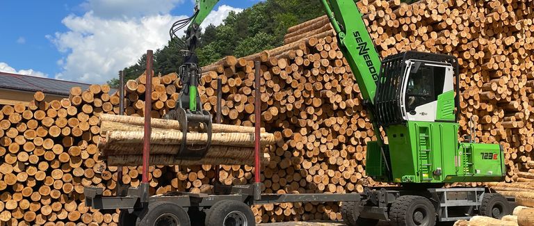 Ein grüner Kran hebt Holzstämme auf einen Anhänger. Im Hintergrund sind große Stapel von Holzstämmen zu sehen, die für die Verarbeitung bereit sind.