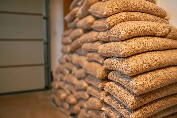 Zertifizierte Holzpellets in 15 kg Säcken für kleinere Pelltöfen Mehrere zertifizierte Pellets Sackwaren in Stapeln geordnet im Lagerraum